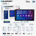 A car radio touchscreen display kit by Blaupunkt Palm Bay 1000, showing the front and rear screen interfaces alongside the retail box and accessories on a white background.