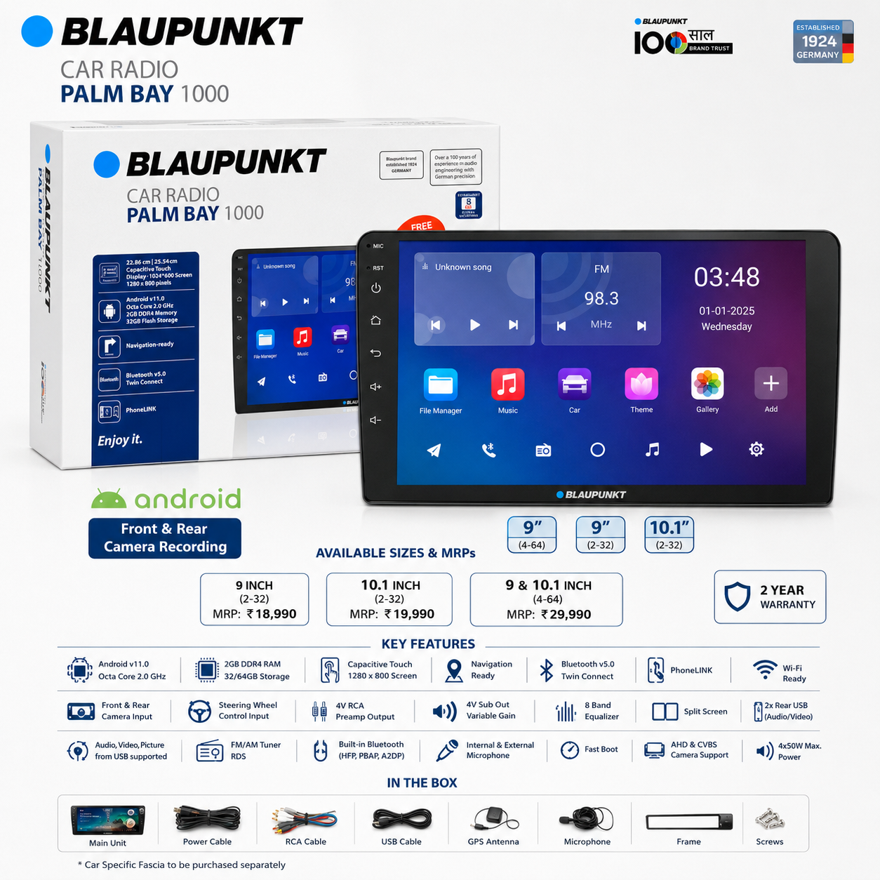 A car radio touchscreen display kit by Blaupunkt Palm Bay 1000, showing the front and rear screen interfaces alongside the retail box and accessories on a white background.