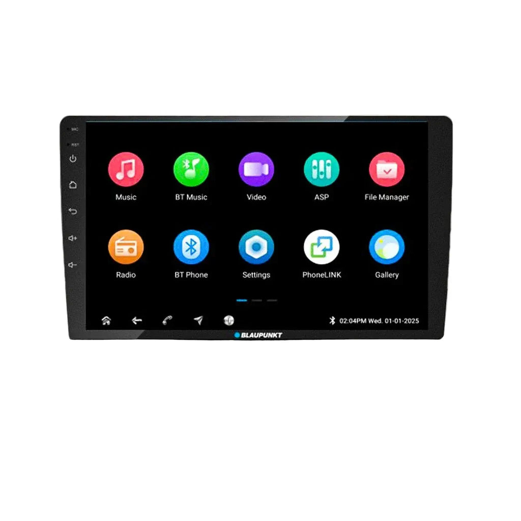 Car multimedia display with various icons on a white background