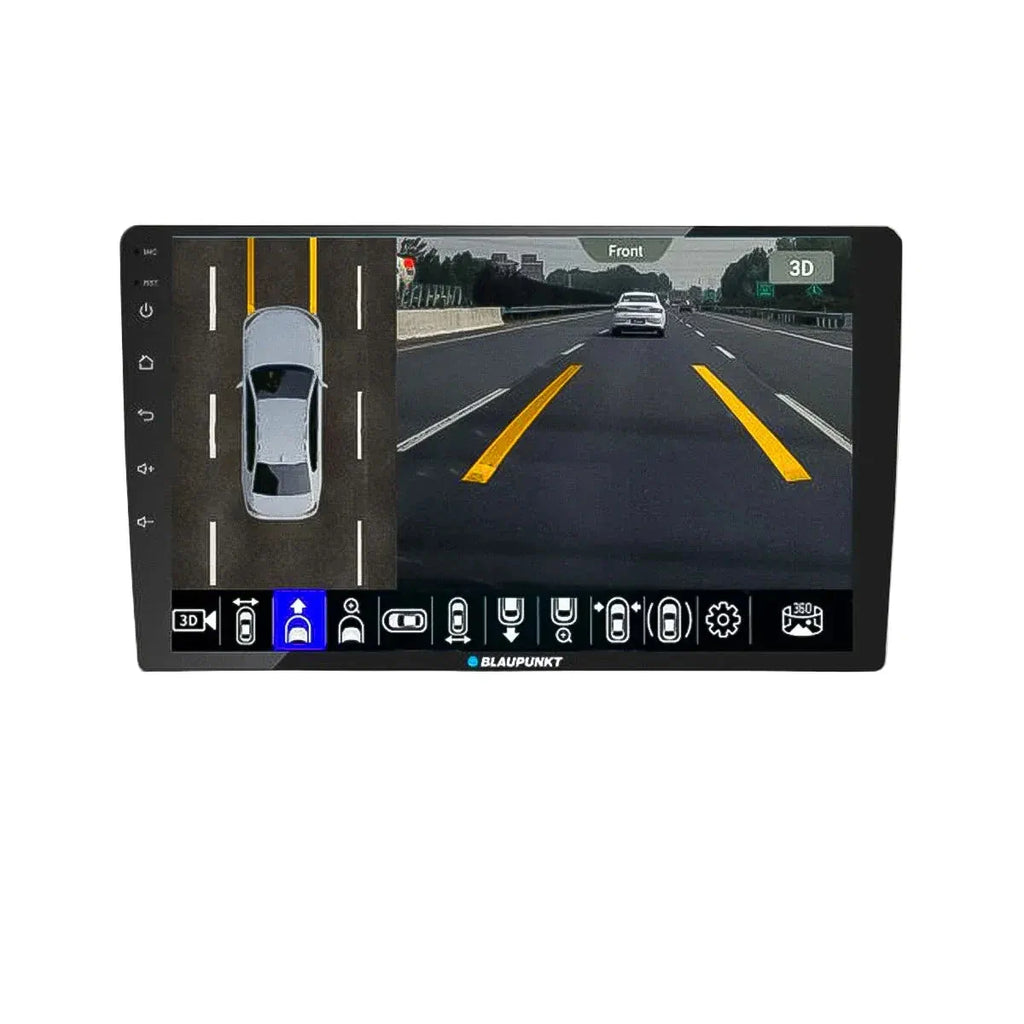Car navigation system display with 3D road view and vehicle icon.