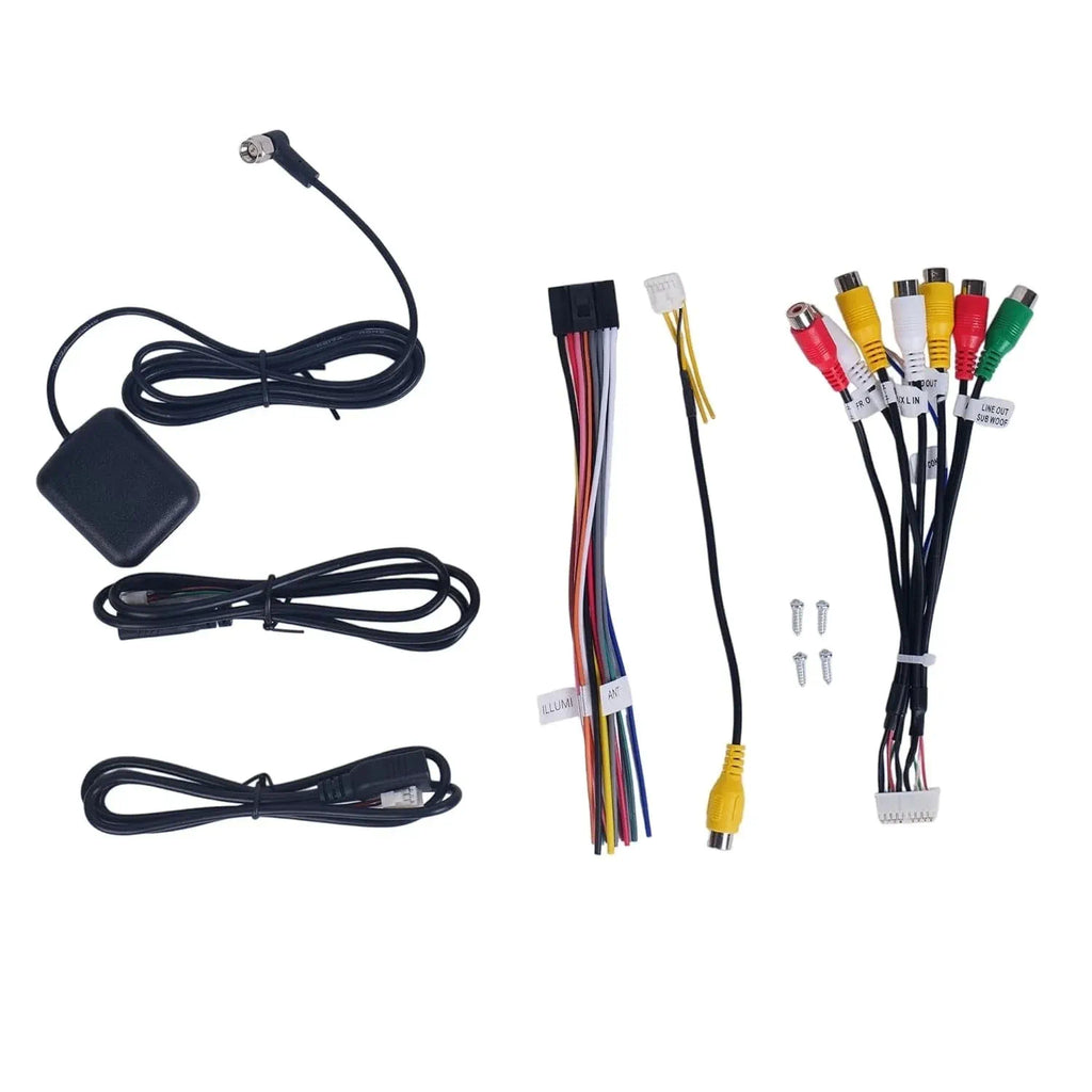 Collection of automotive wiring harnesses and connectors on a white background
