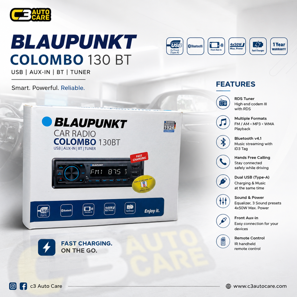 Blaupunkt Colombo 130 BT FM AM Bluetooth car stereo online at C3 Auto Care