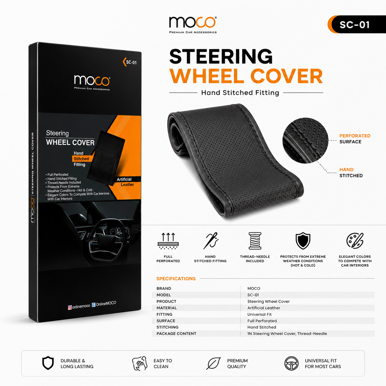 MOCO SC-01 perforated artificial leather hand stitched steering wheel cover