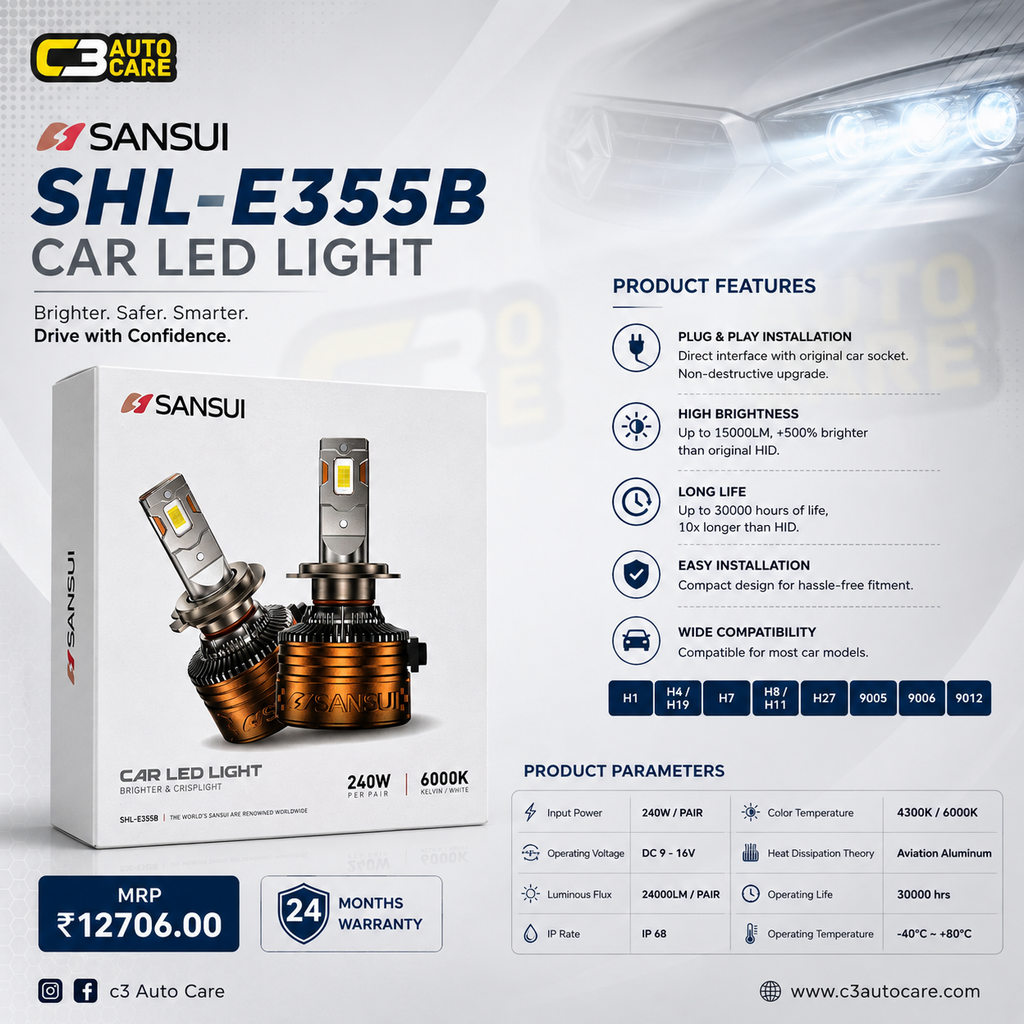 Sansui SHL-E355B car LED headlight specifications 240W 24000 lumens IP68 4000K 6000K