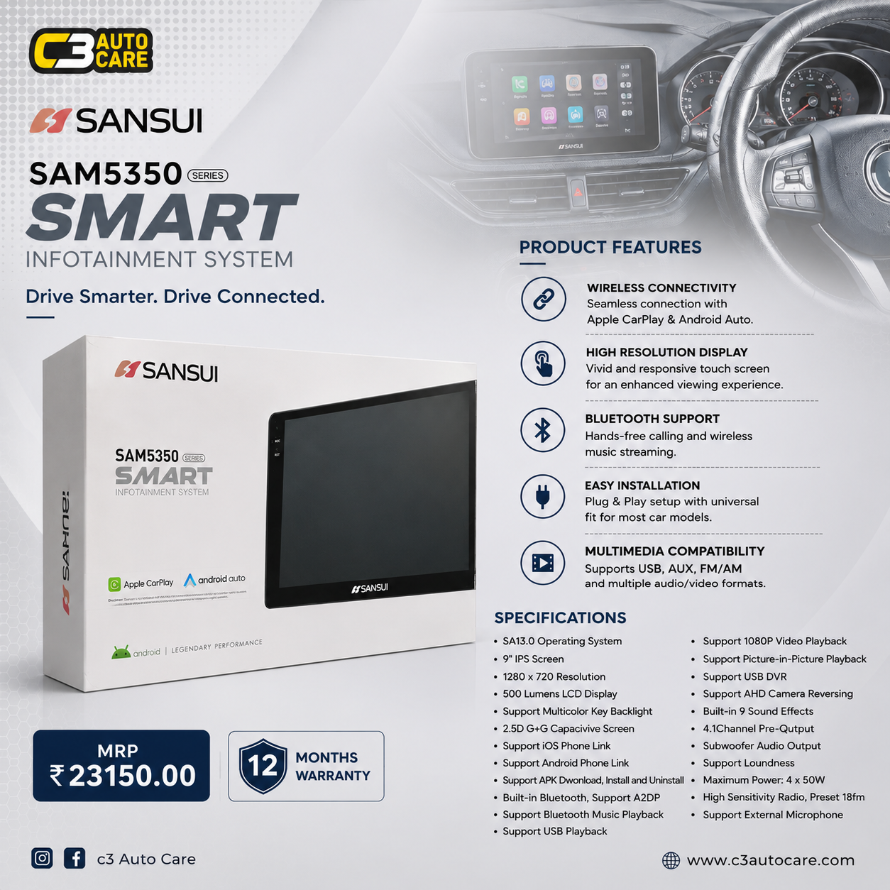Sansui SAM5350 9 inch smart car infotainment system with Apple CarPlay and Android Auto available at C3 Auto Care India