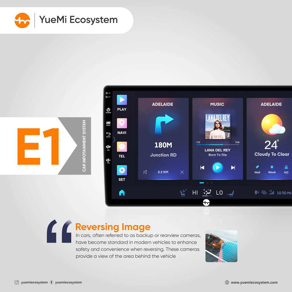 Yuemi E1 QLED touchscreen car infotainment system with CarPlay and Android Auto