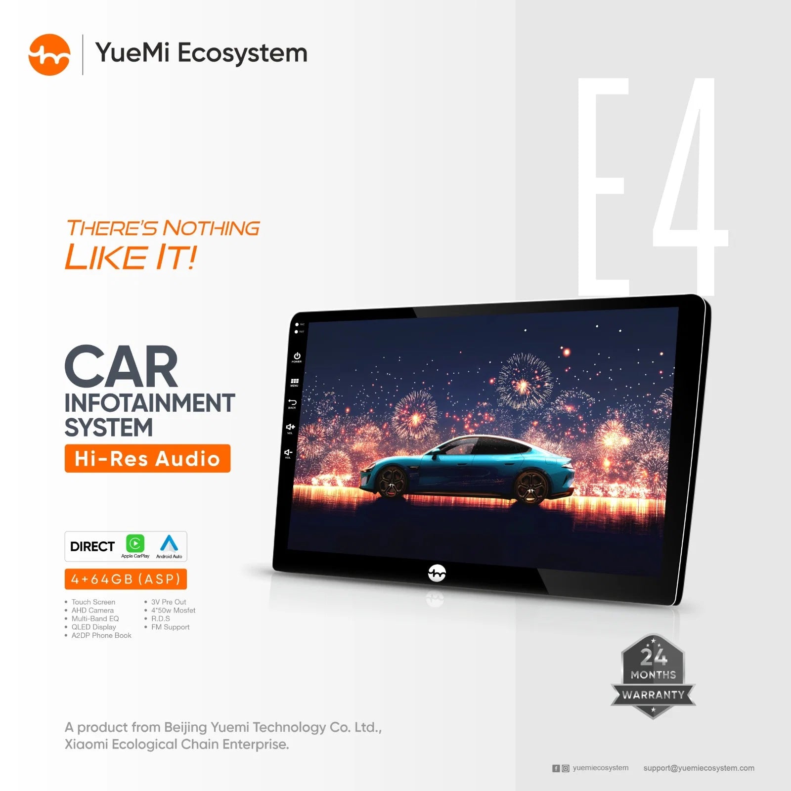 Yuemi E4 QLED car infotainment system with CarPlay Android Auto and 4GB 64GB memory
